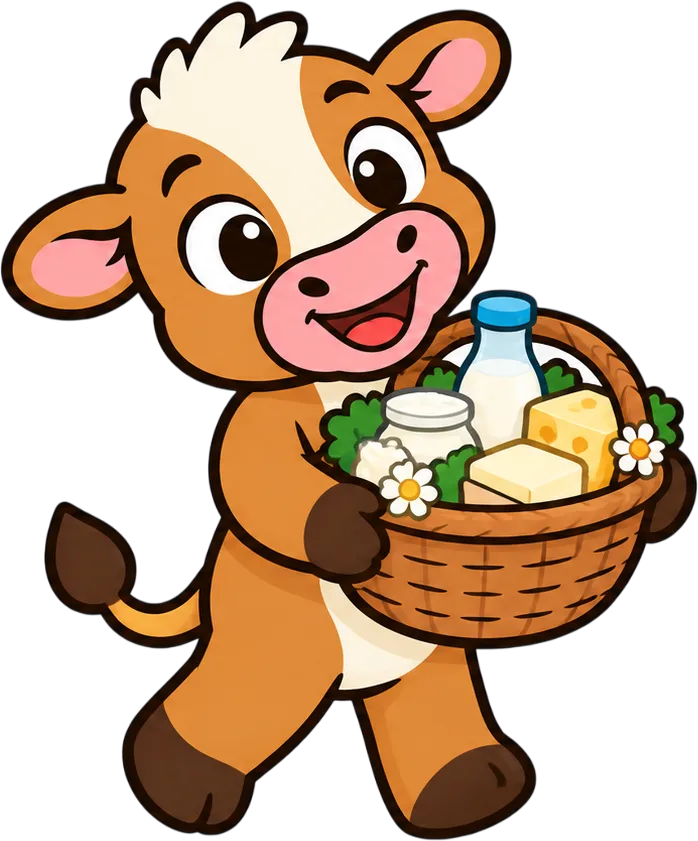 Маскот-корова с корзинкой продуктов фермы
