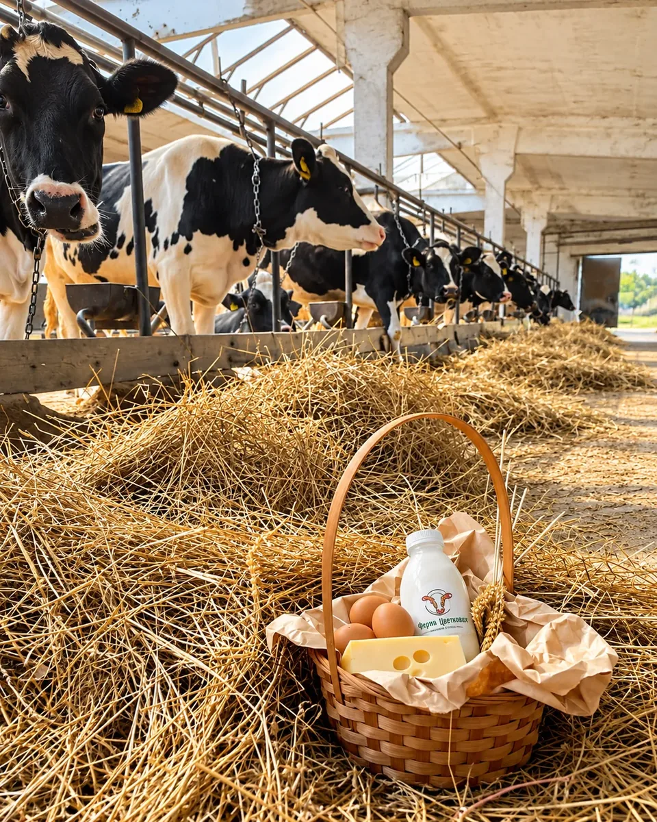 Корзина с продуктами фермы в коровнике